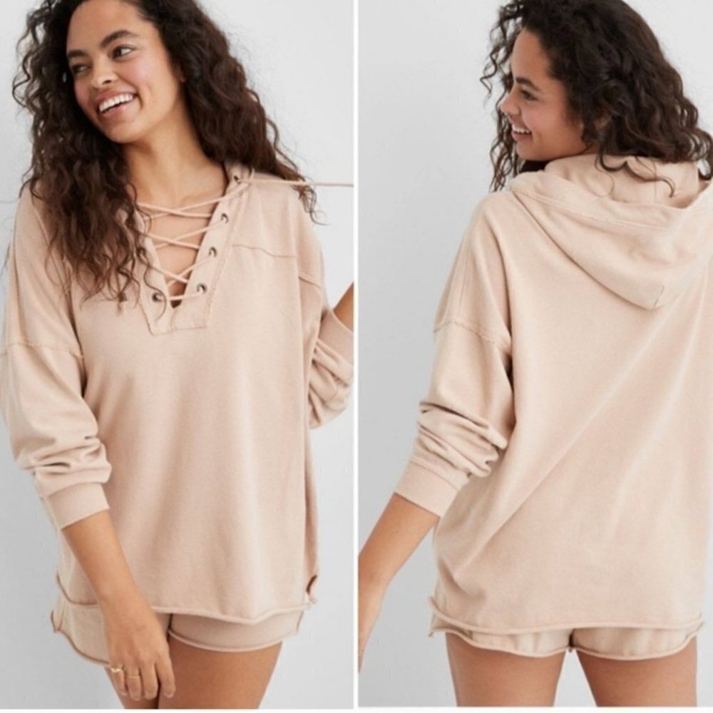 Aerie Tan Lace Up Hoodie Oversized Ribbed Cotton Pullover XS RN54485